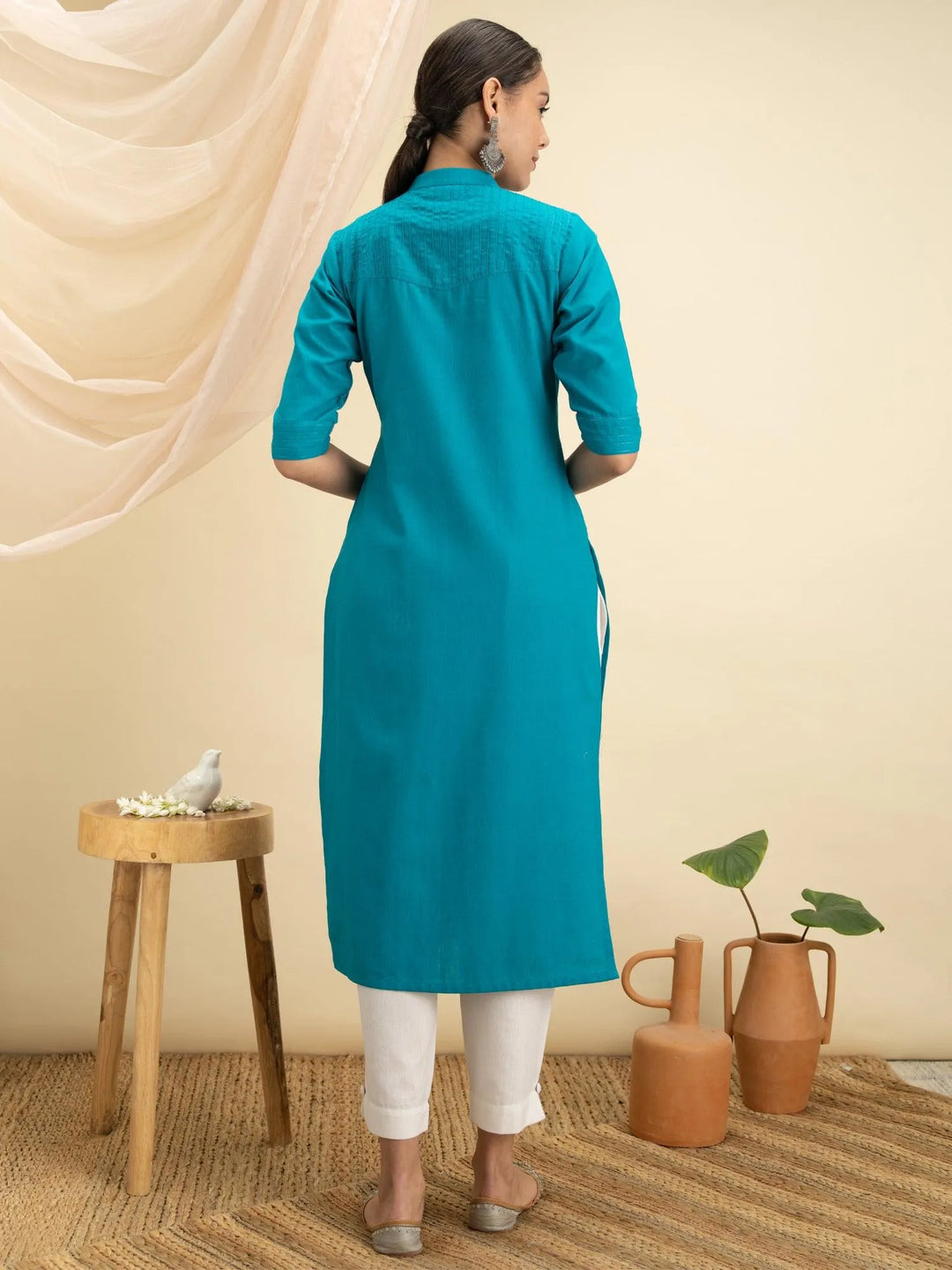 Blue Solid Cotton Kurta - Libas