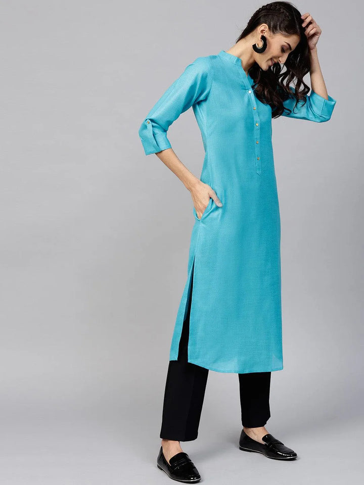 Blue Solid Cotton Kurta - Libas