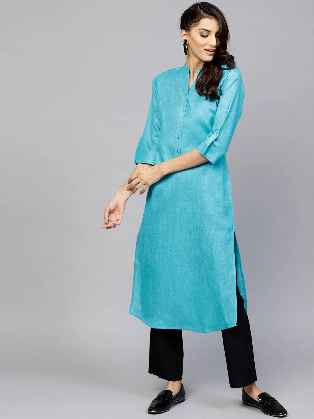 Blue Solid Cotton Kurta - Libas