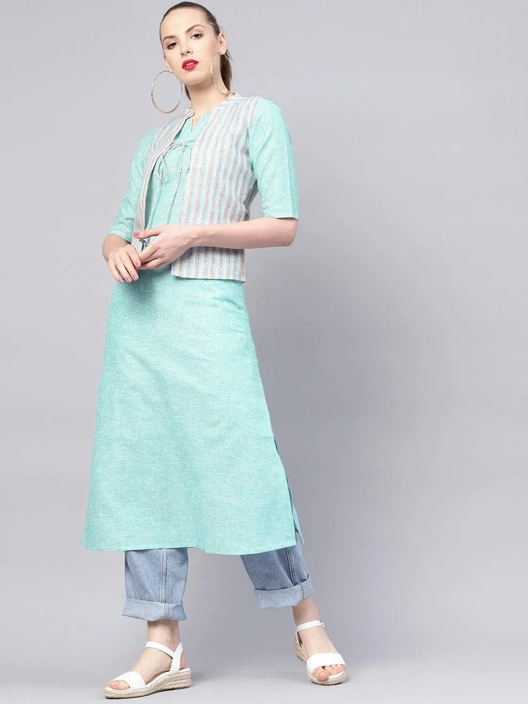 Blue Solid Cotton Kurta With Jacket - Libas