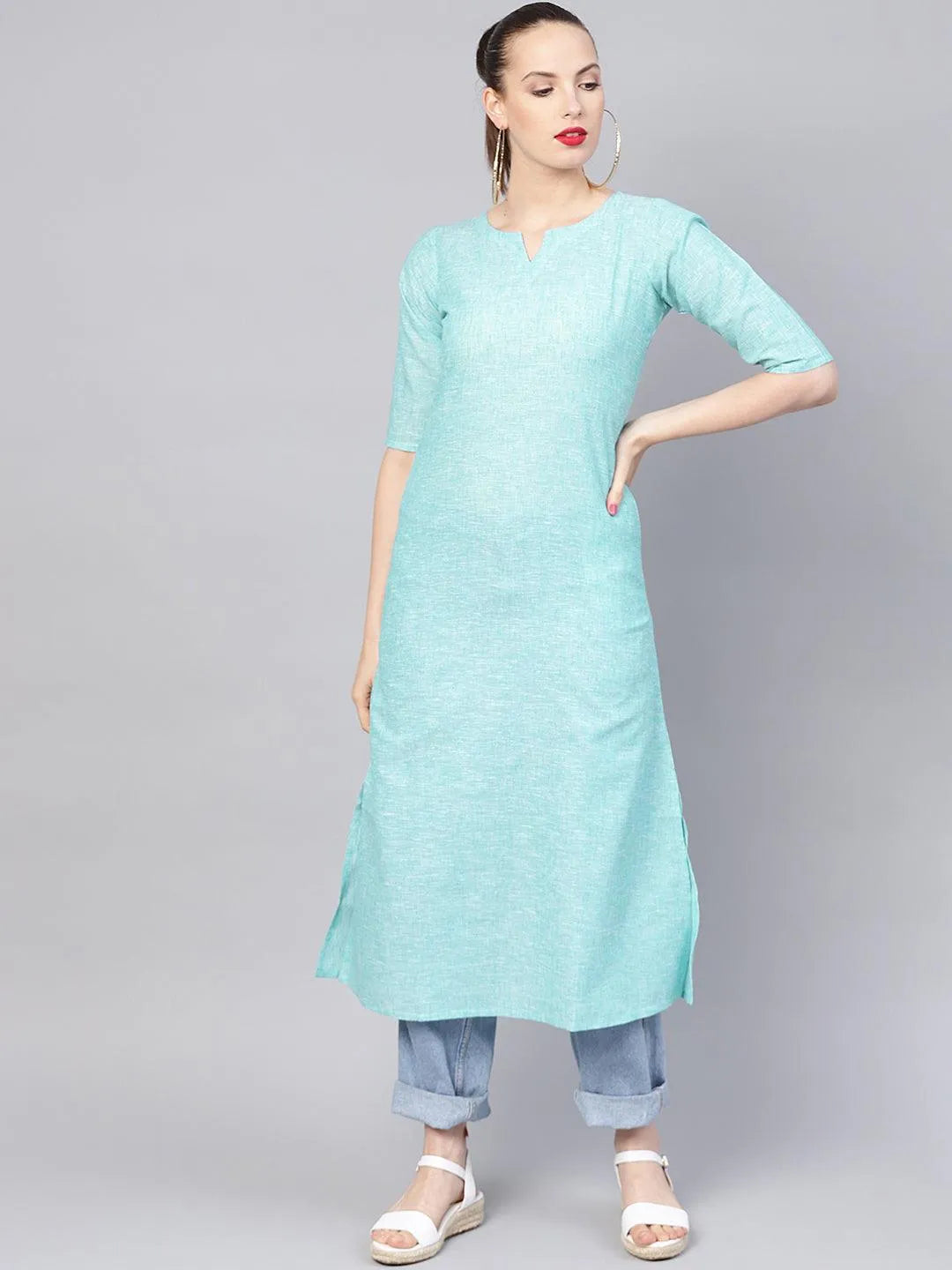 Blue Solid Cotton Kurta With Jacket - Libas