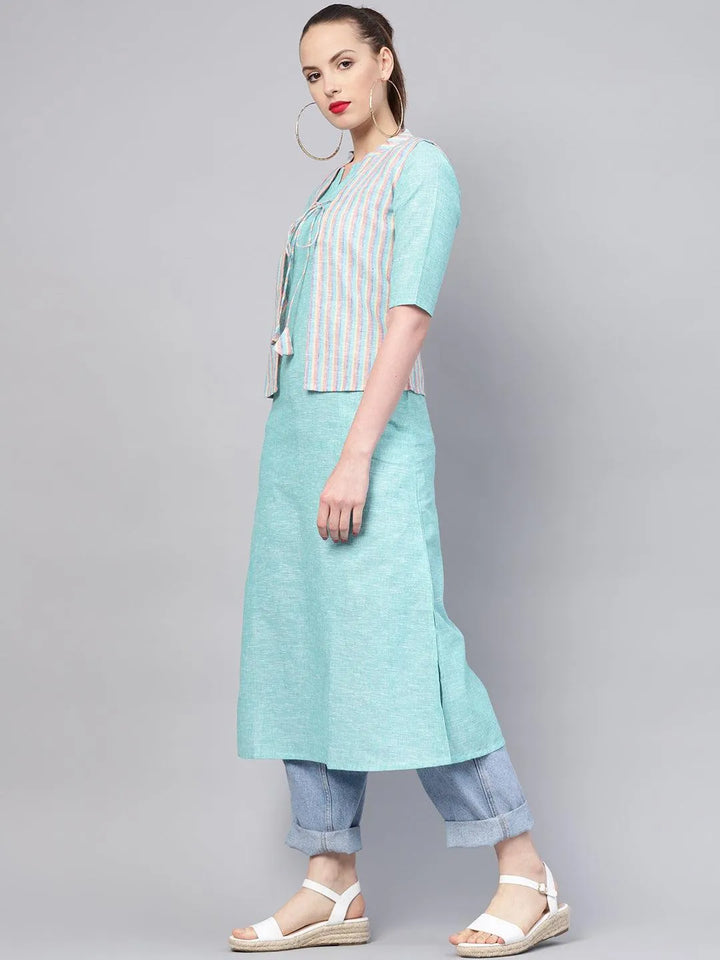 Blue Solid Cotton Kurta With Jacket - Libas