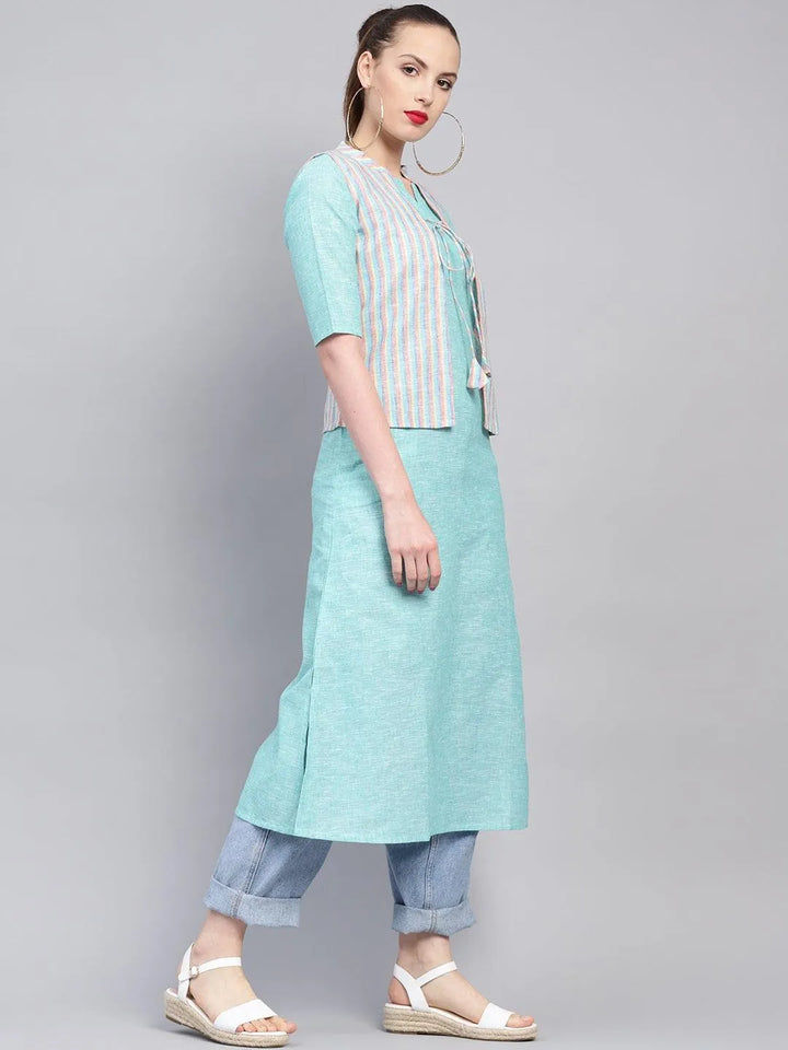 Blue Solid Cotton Kurta With Jacket - Libas