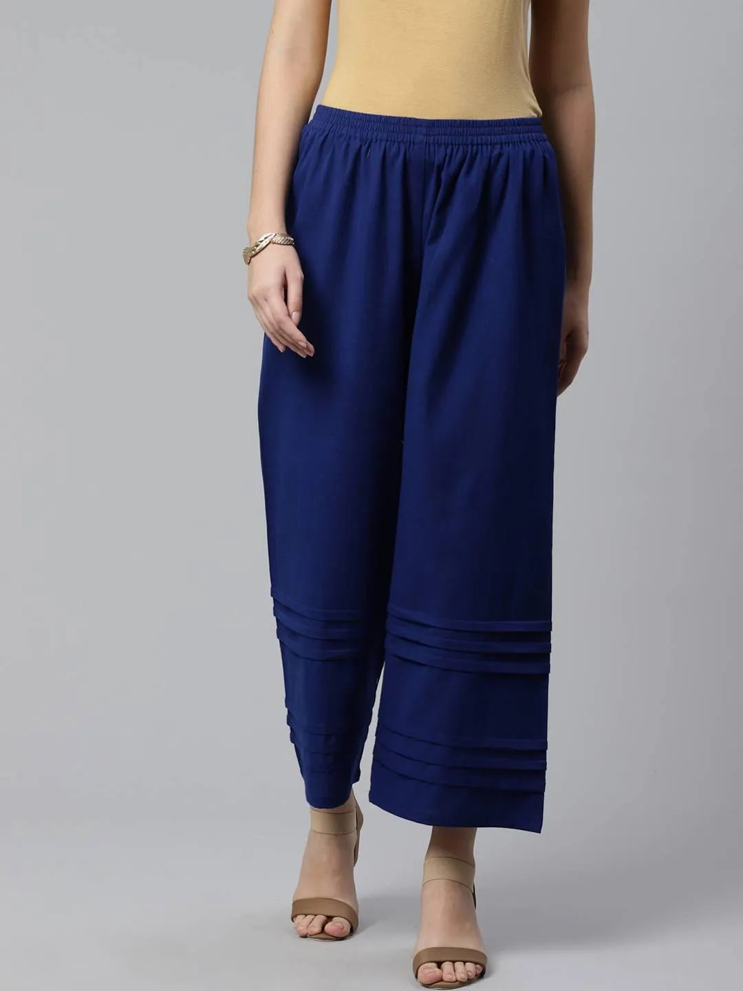 Blue Solid Cotton Palazzos - Libas