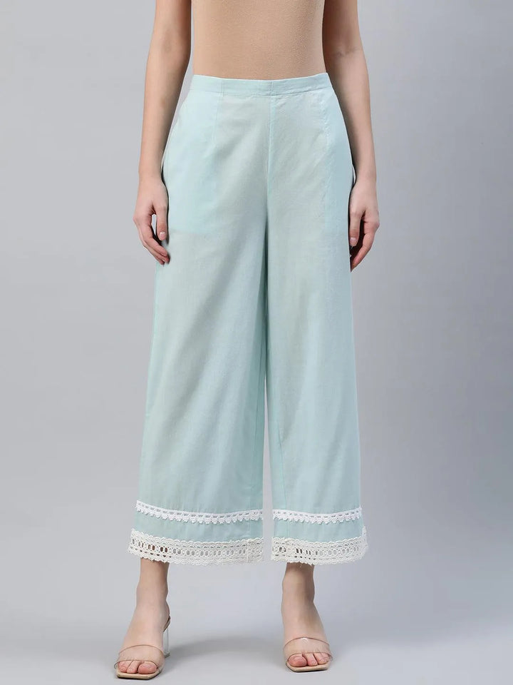 Blue Solid Cotton Palazzos - Libas