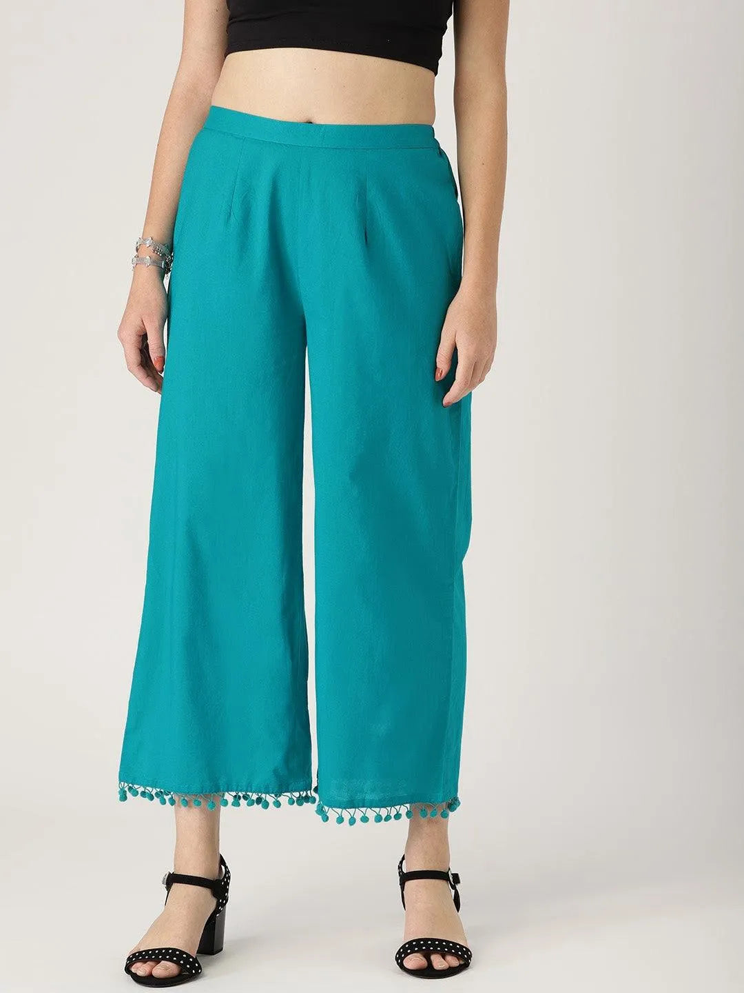 Blue Solid Cotton Palazzos - Libas 