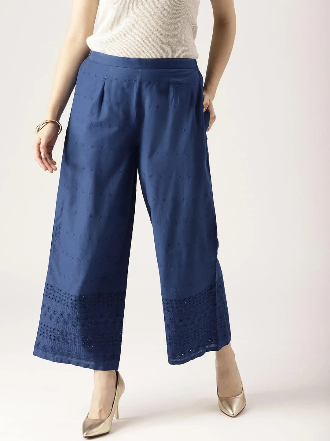 Blue Solid Cotton Palazzos - Libas 