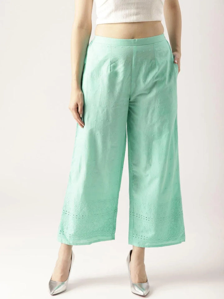 Blue Solid Cotton Palazzos - Libas