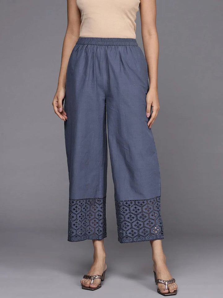 Blue Solid Cotton Palazzos - Libas