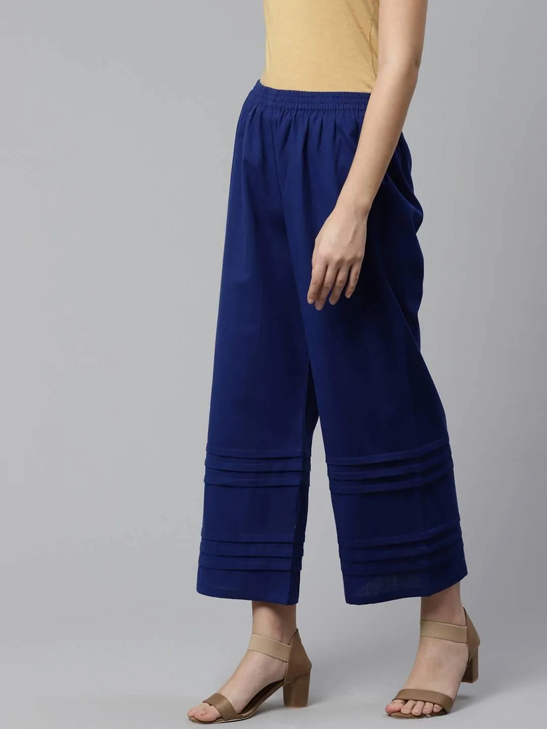 Blue Solid Cotton Palazzos - Libas