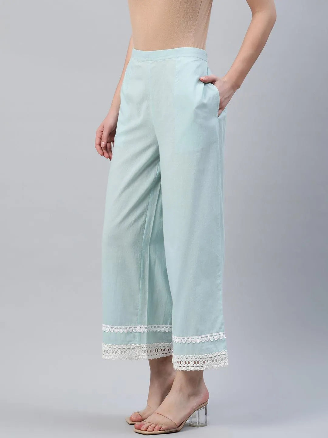 Blue Solid Cotton Palazzos - Libas