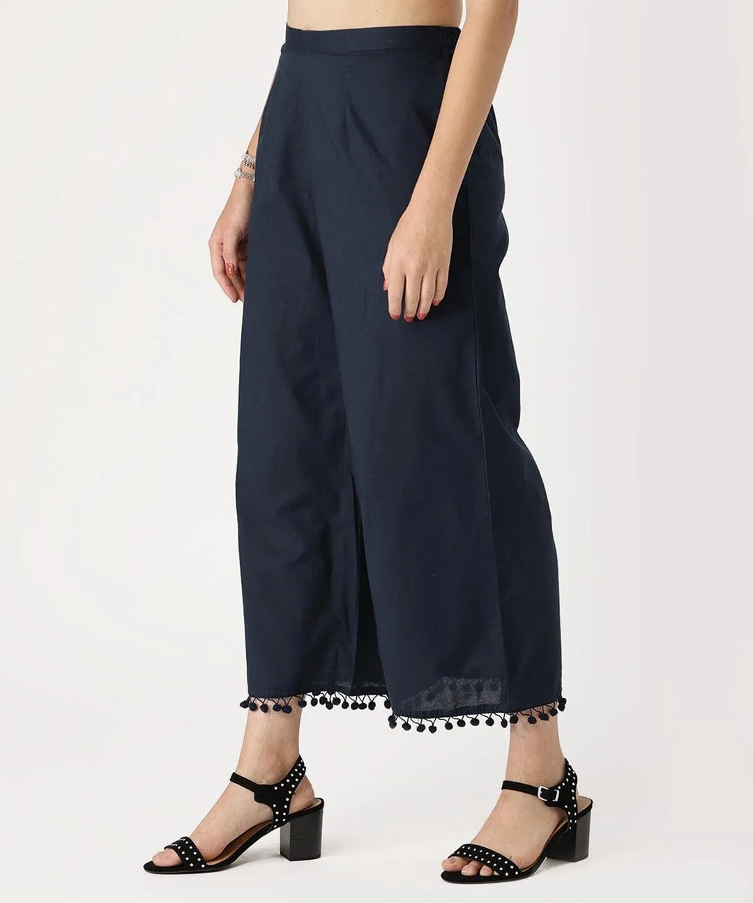 Blue Solid Cotton Palazzos - Libas 