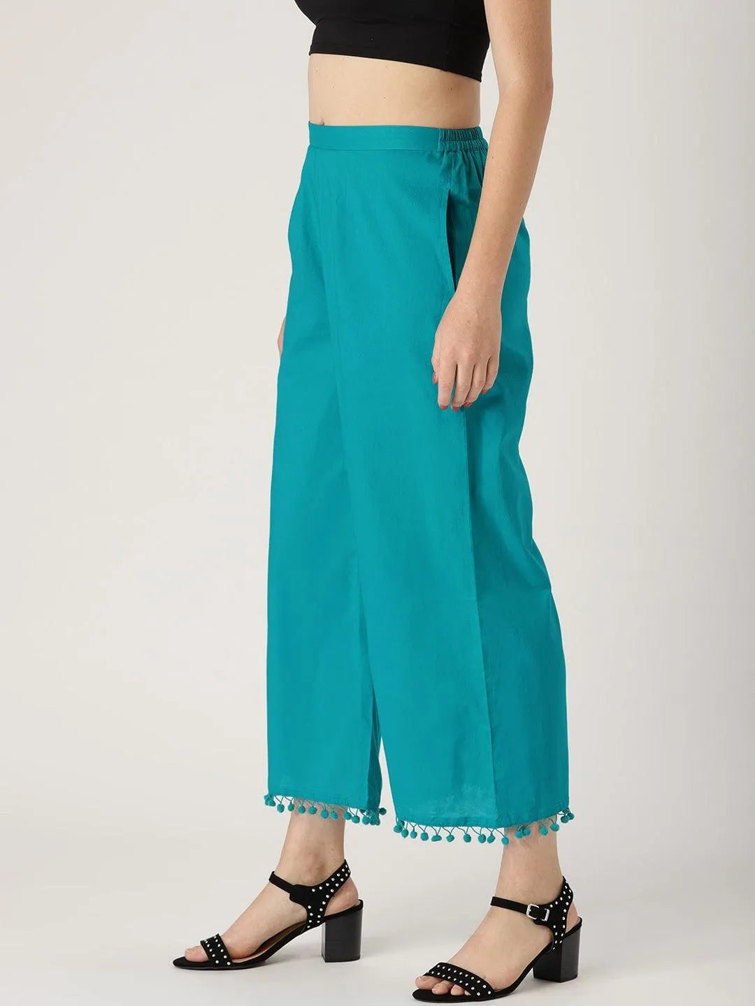 Blue Solid Cotton Palazzos - Libas 