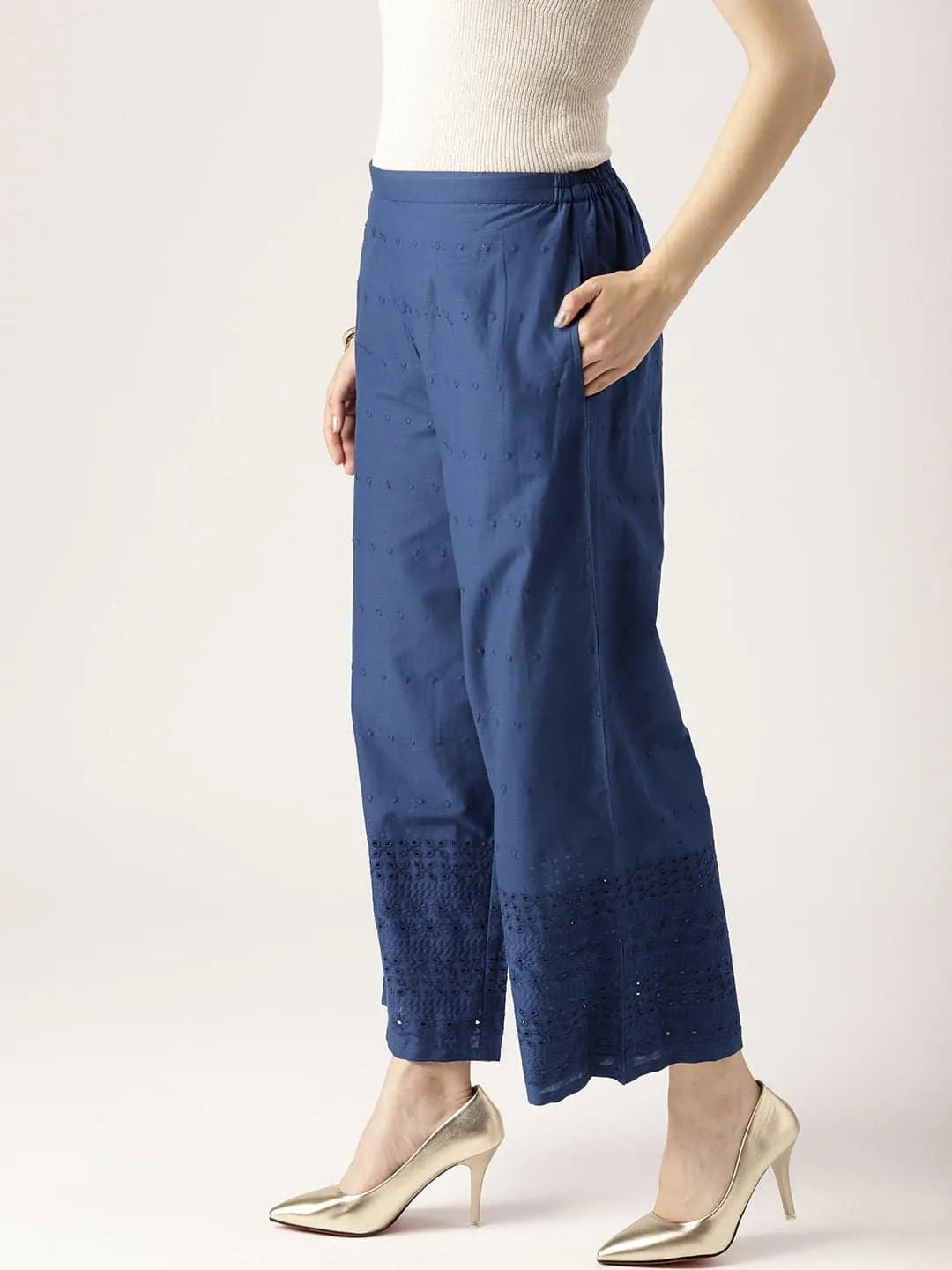 Blue Solid Cotton Palazzos - Libas 