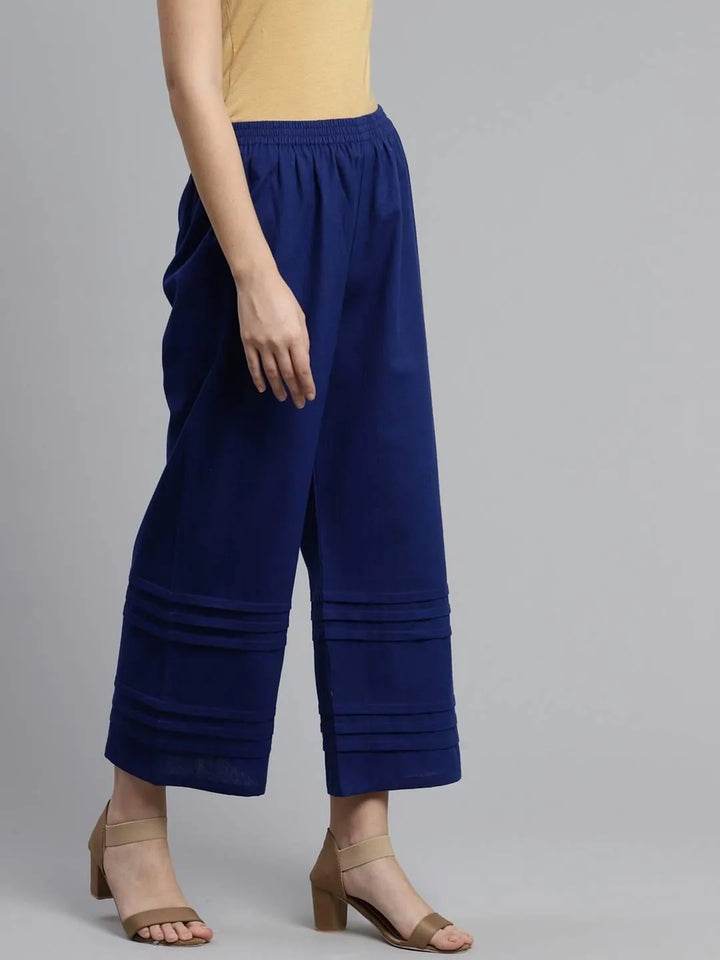 Blue Solid Cotton Palazzos - Libas