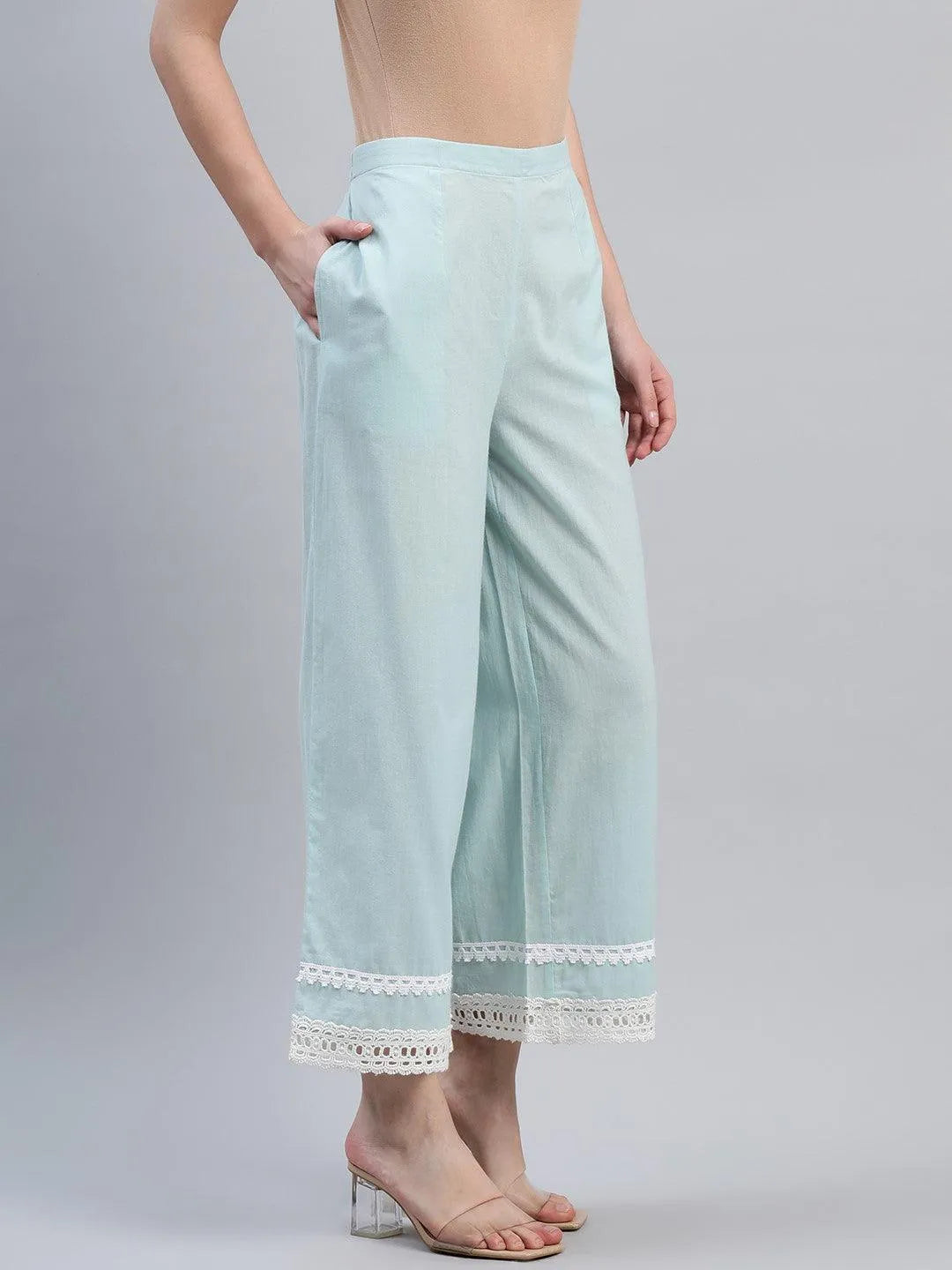 Blue Solid Cotton Palazzos - Libas