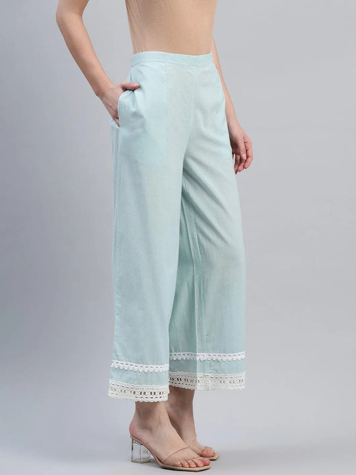 Blue Solid Cotton Palazzos - Libas