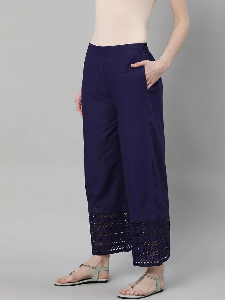 Blue Solid Cotton Palazzos - Libas