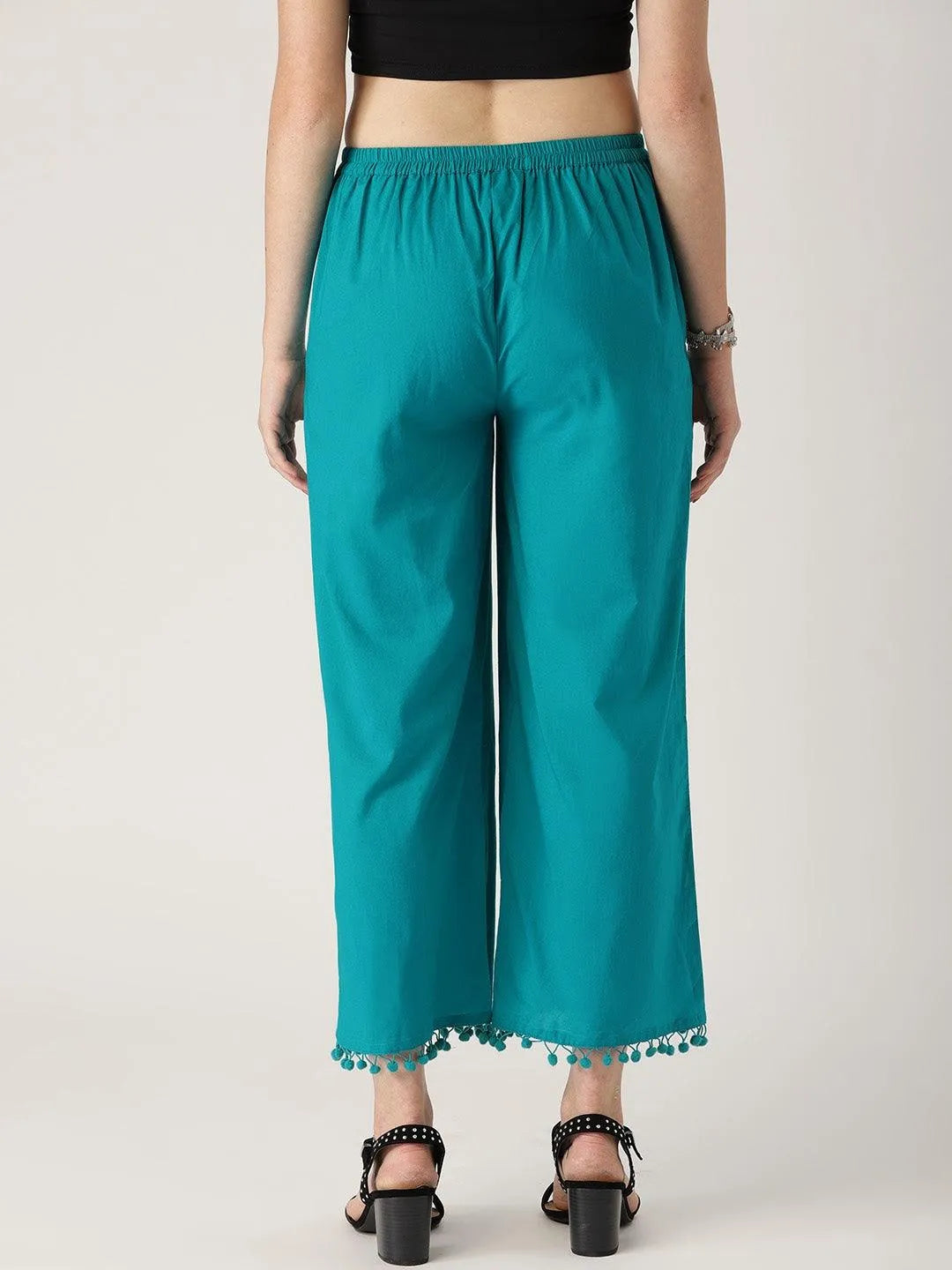 Blue Solid Cotton Palazzos - Libas 