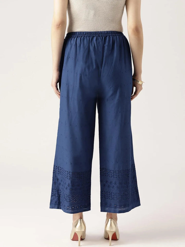 Blue Solid Cotton Palazzos - Libas