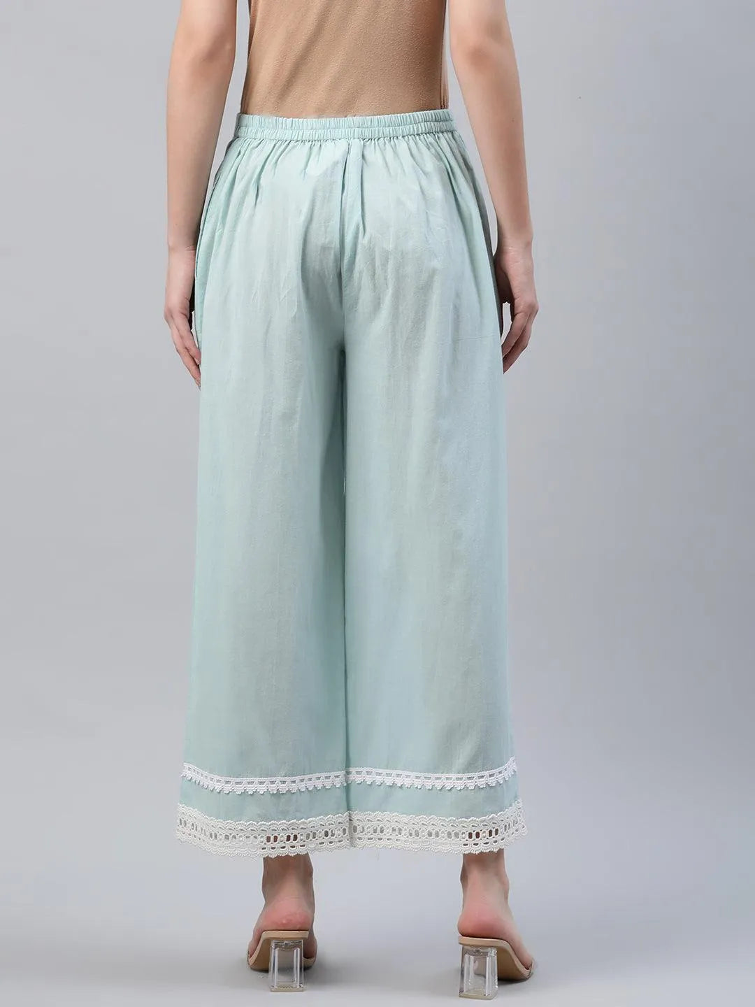 Blue Solid Cotton Palazzos - Libas 