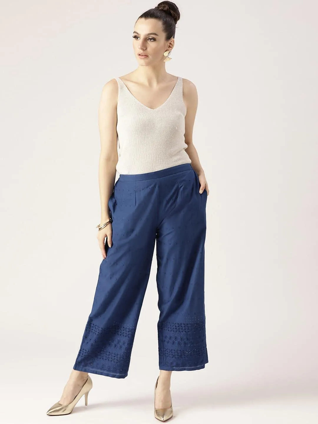 Blue Solid Cotton Palazzos - Libas 