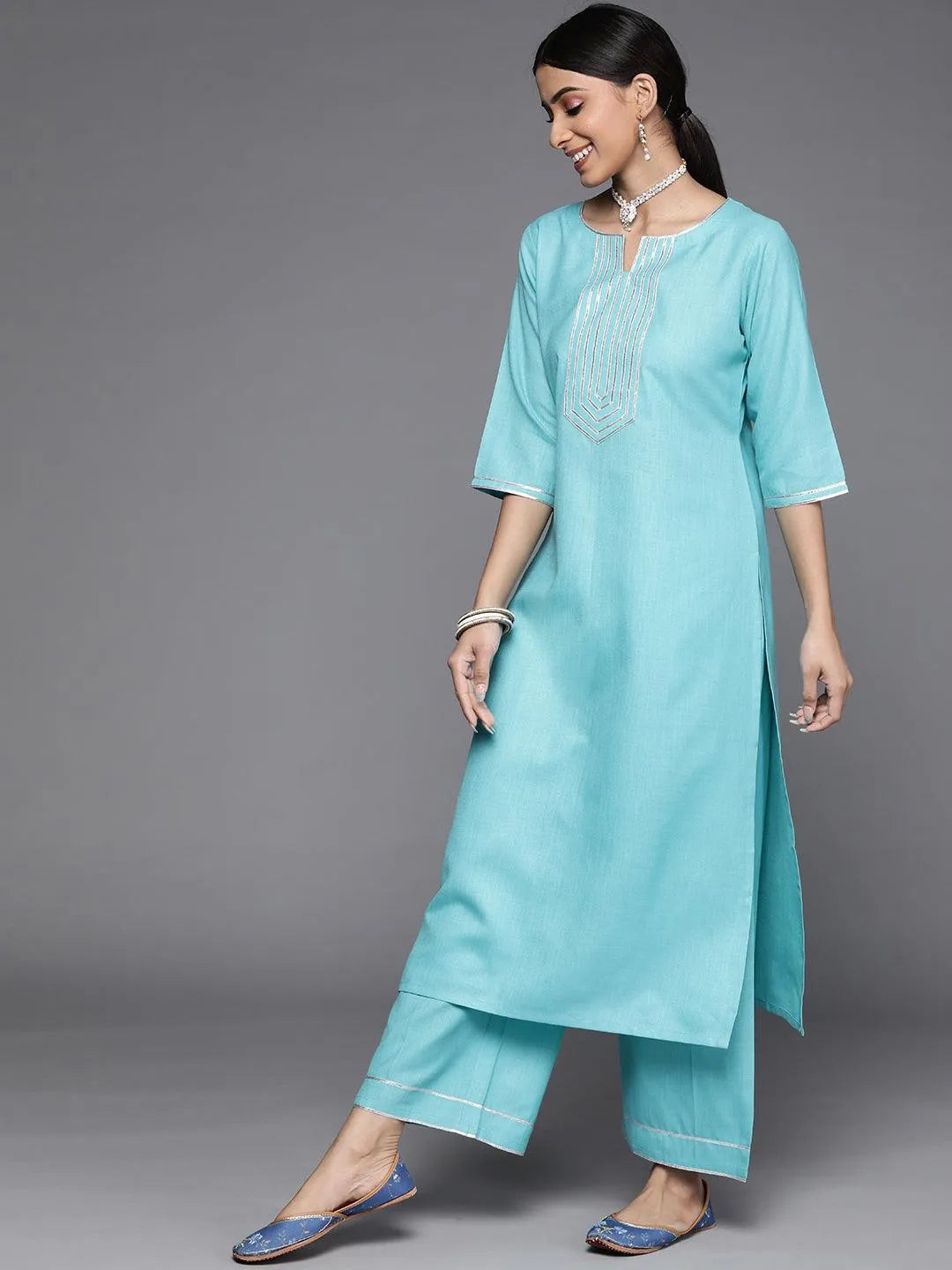 Blue Solid Cotton Suit Set - Libas 