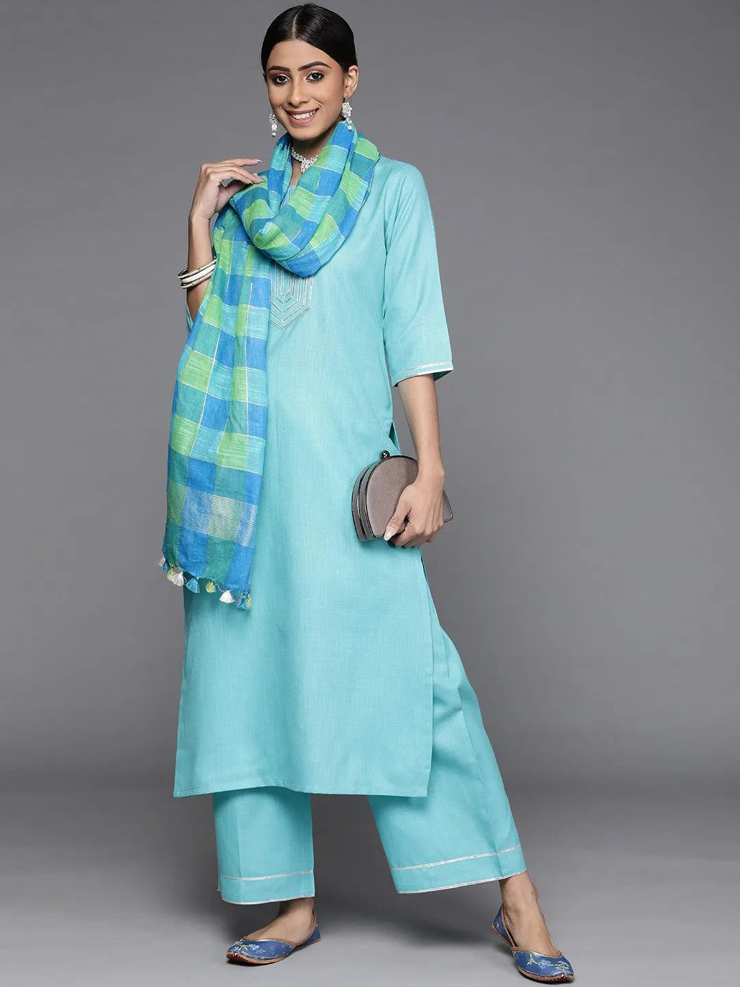 Blue Solid Cotton Suit Set - Libas 