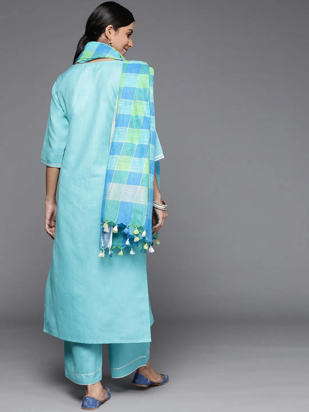 Blue Solid Cotton Suit Set - Libas