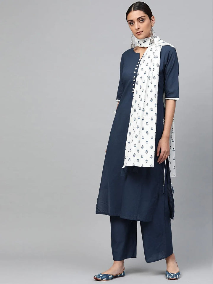 Blue Solid Cotton Suit Set - Libas