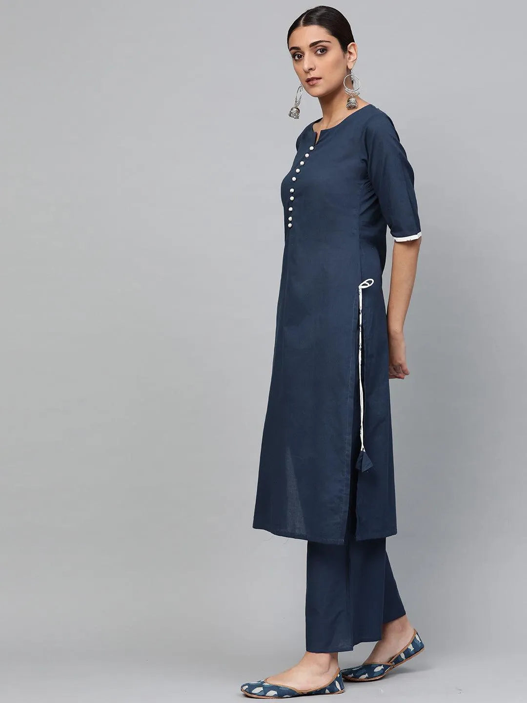 Blue Solid Cotton Suit Set - Libas