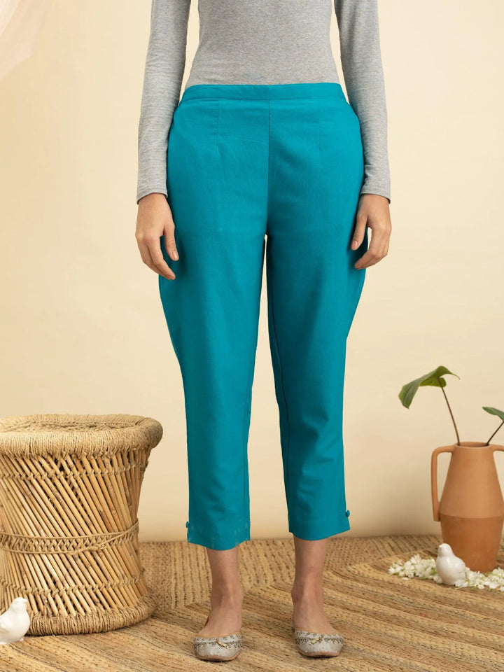 Blue Solid Cotton Trousers - Libas