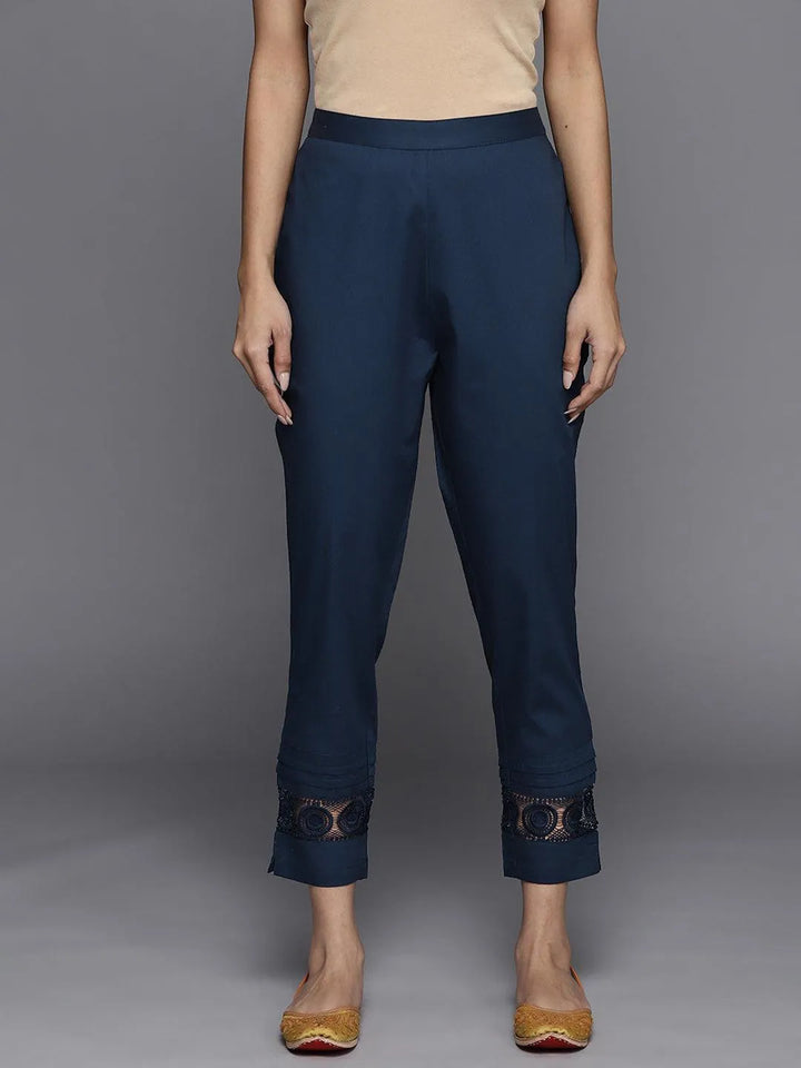 Blue Solid Cotton Trousers - Libas