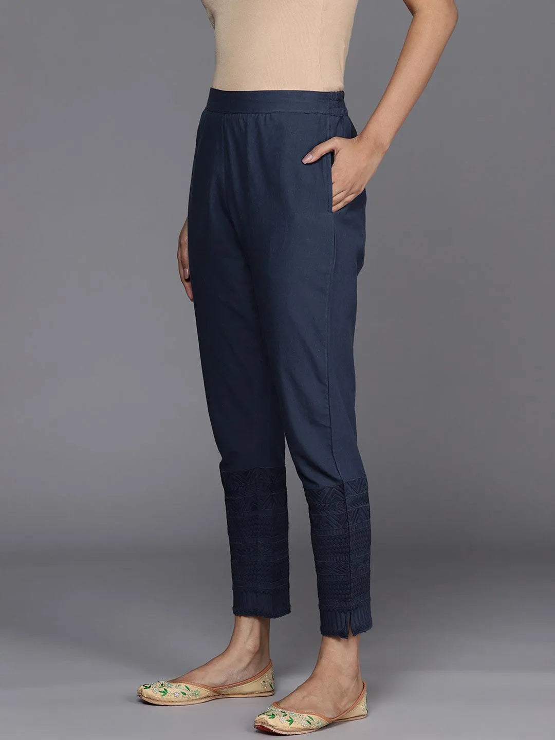 Blue Solid Cotton Trousers - Libas