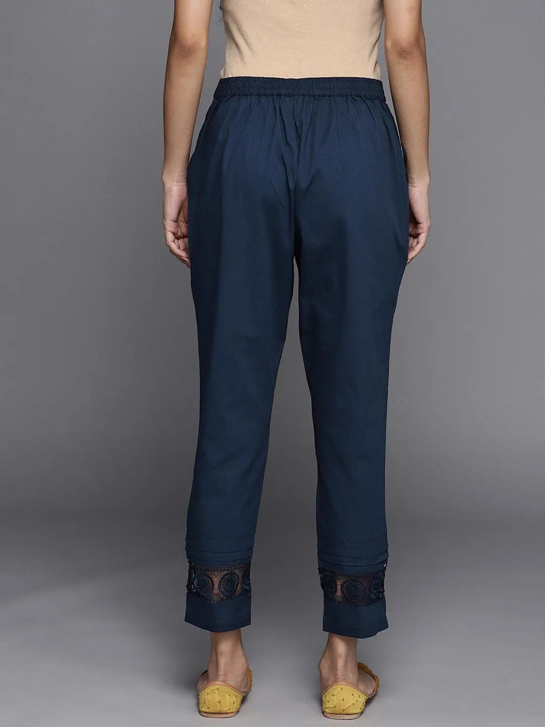 Blue Solid Cotton Trousers - Libas