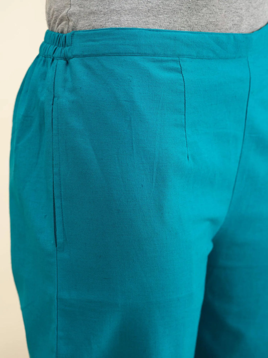 Blue Solid Cotton Trousers - Libas 