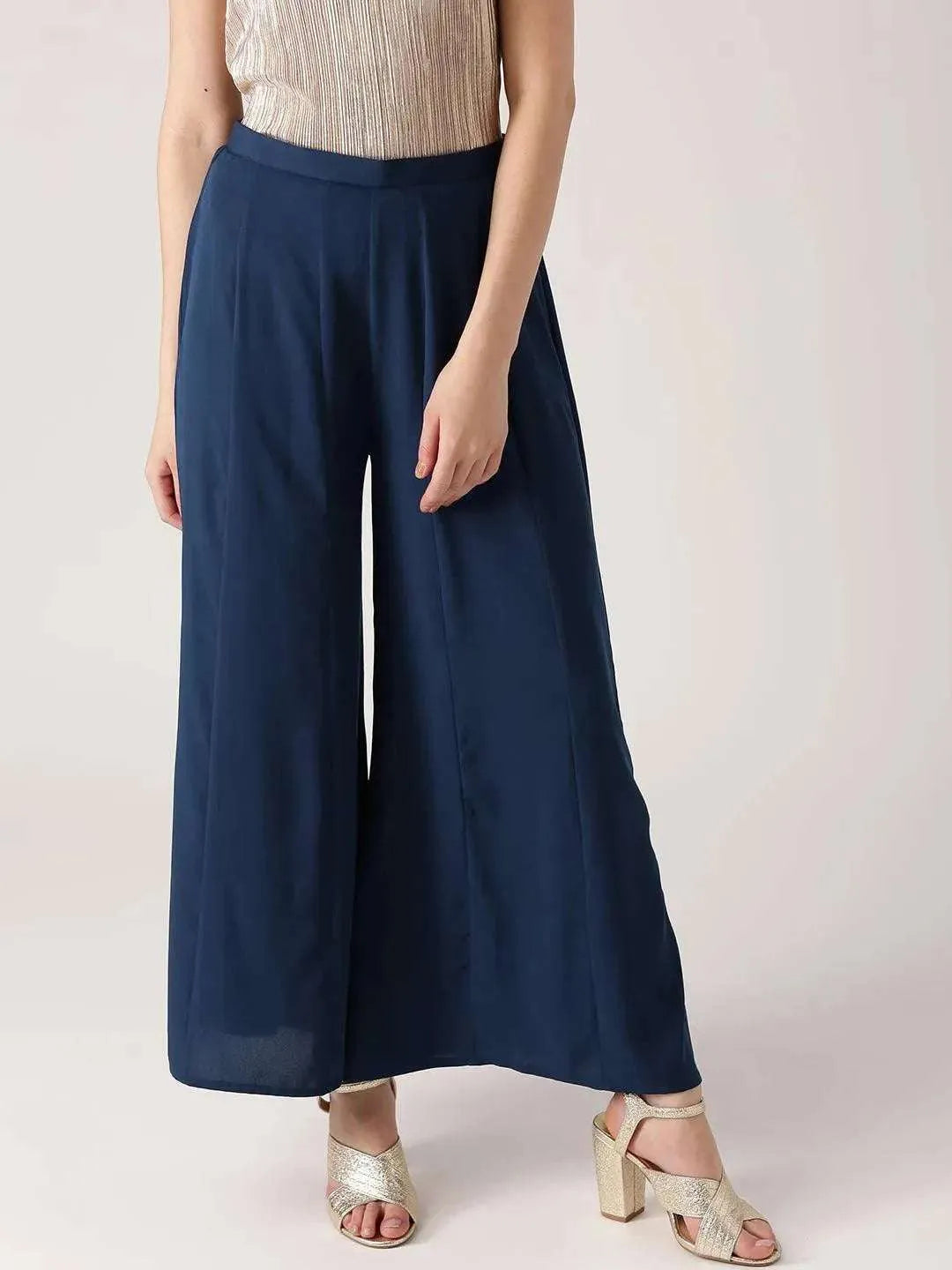 Blue Solid Crepe Palazzos - Libas 