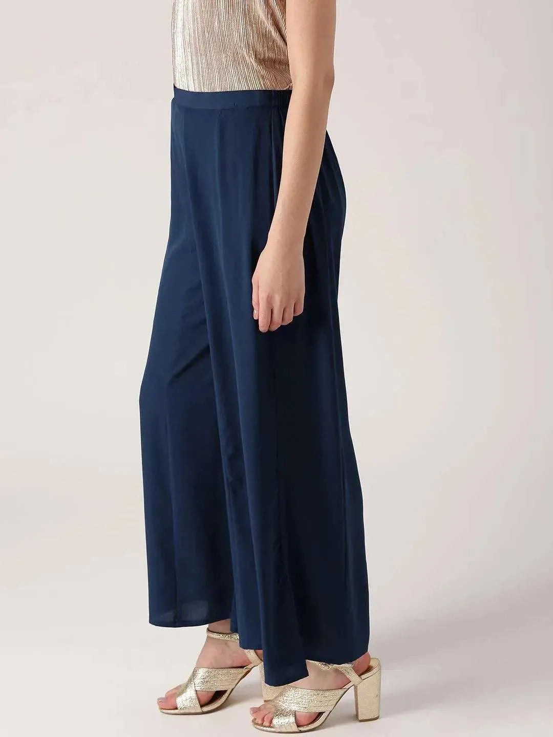 Blue Solid Crepe Palazzos - Libas 