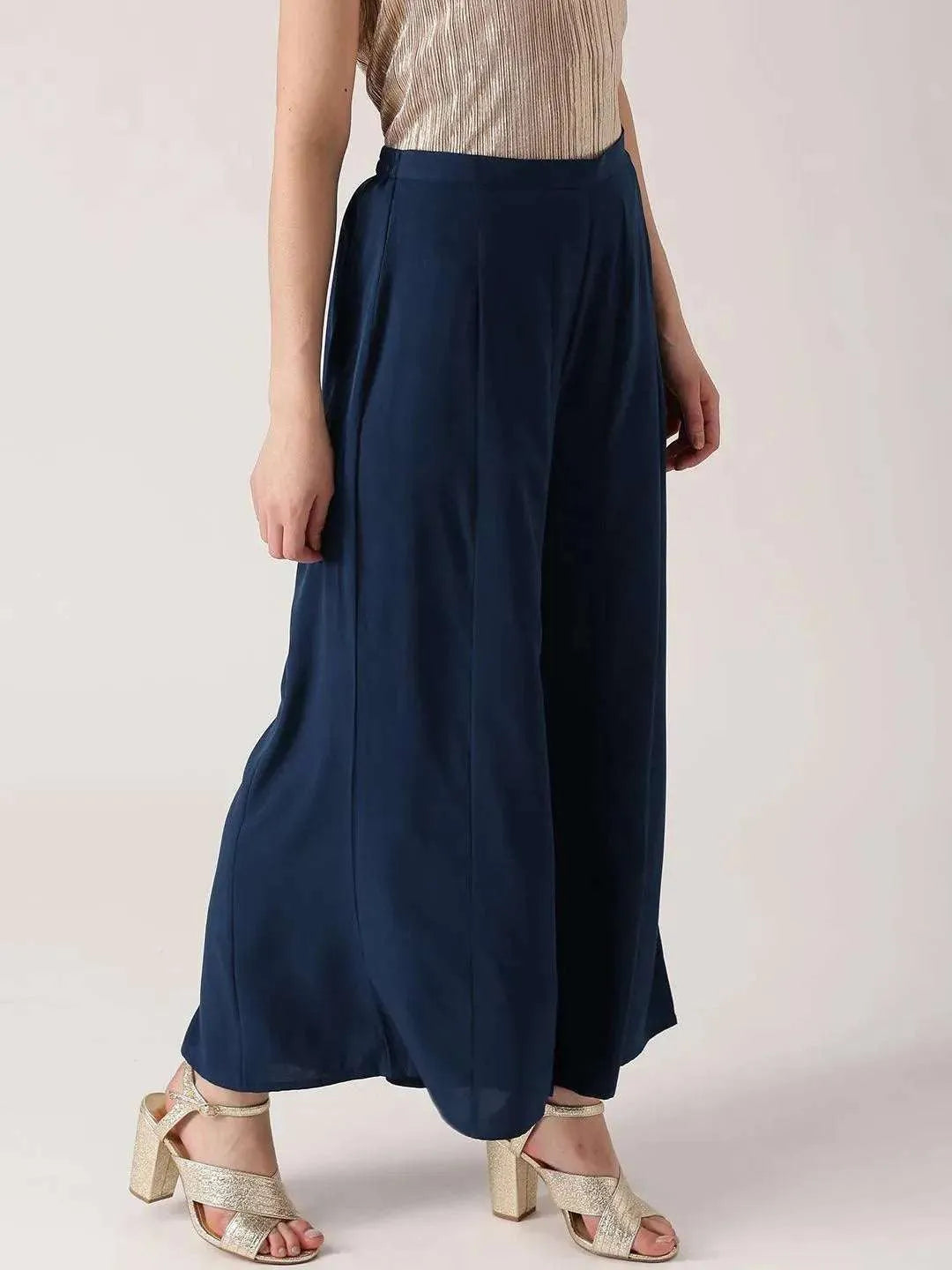 Blue Solid Crepe Palazzos - Libas 