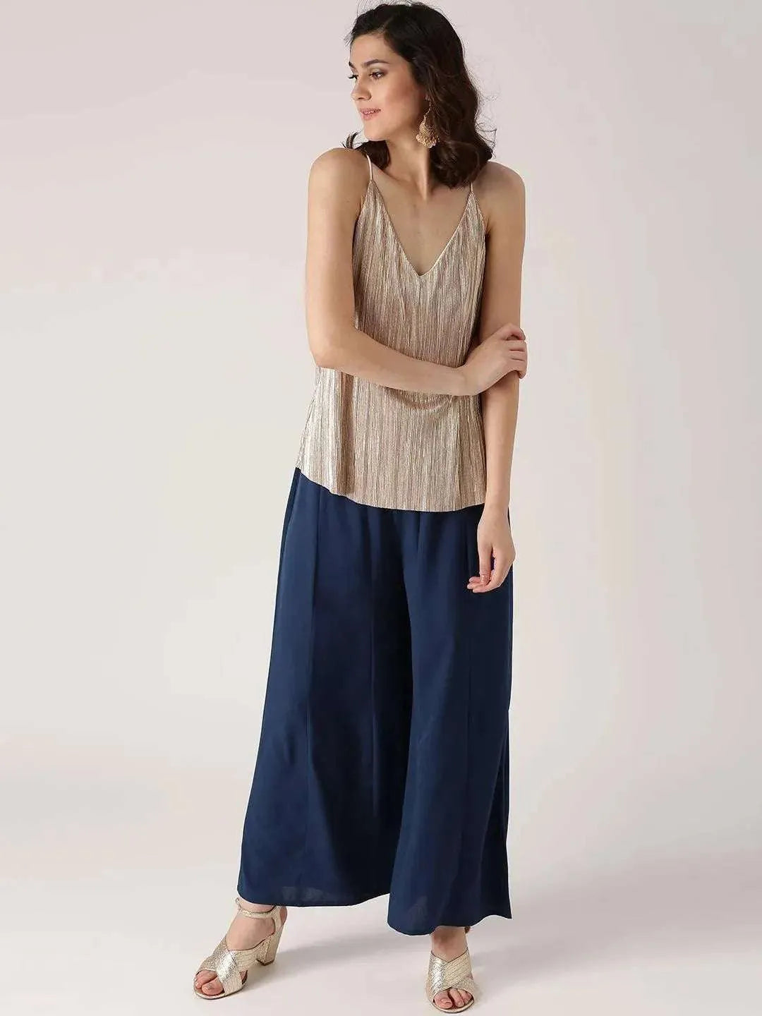 Blue Solid Crepe Palazzos - Libas 