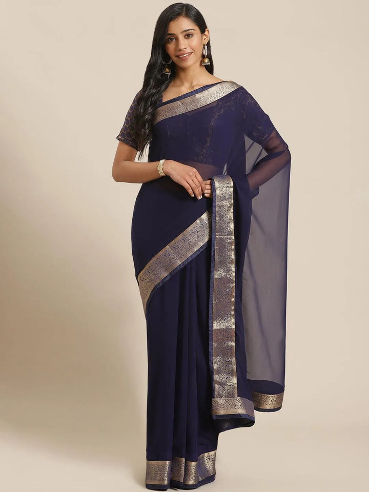 Blue Solid Georgette Saree - Libas