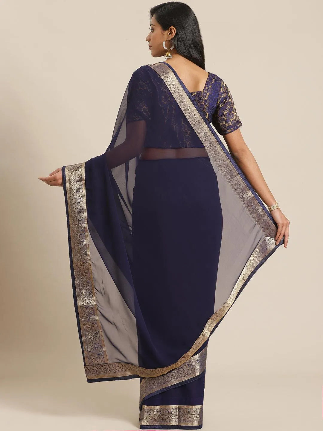 Blue Solid Georgette Saree - Libas