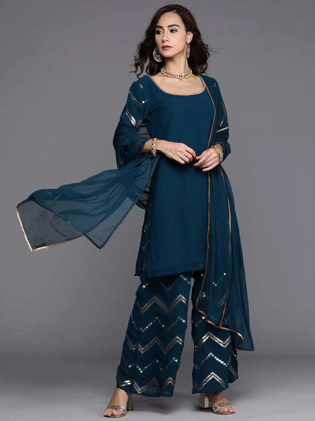 Blue Solid Poly Georgette Suit Set - Libas 