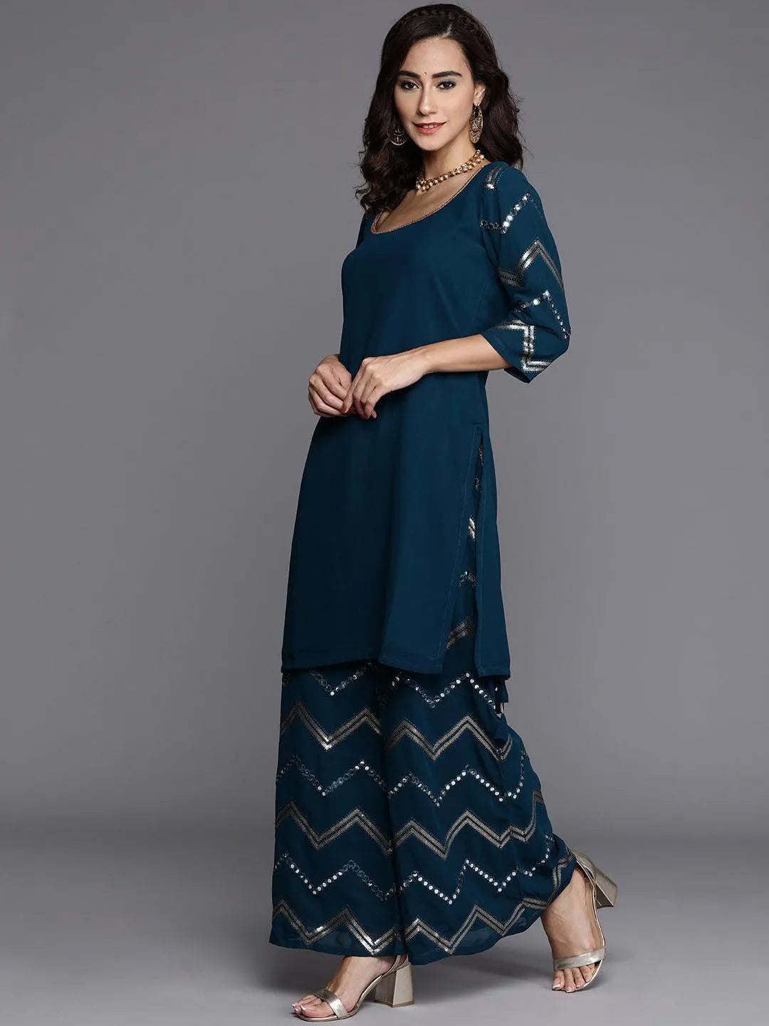 Blue Solid Poly Georgette Suit Set - Libas 