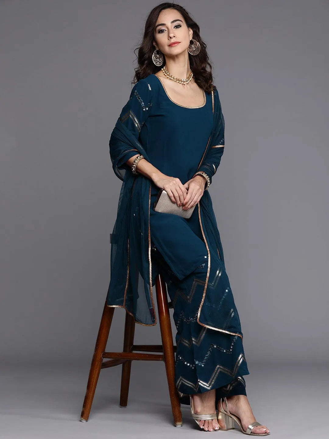 Blue Solid Poly Georgette Suit Set - Libas 