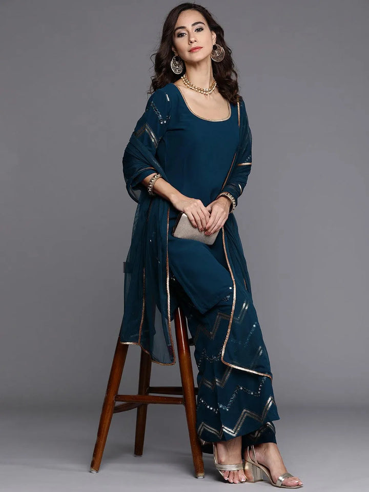 Blue Solid Poly Georgette Suit Set - Libas