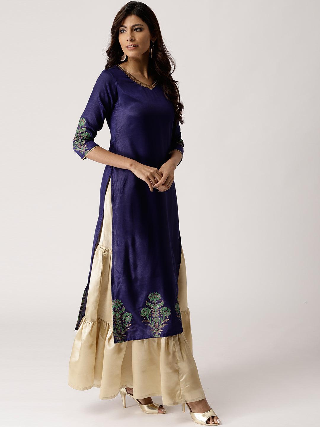 Blue Solid Polyester Straight Kurta With Skirt
