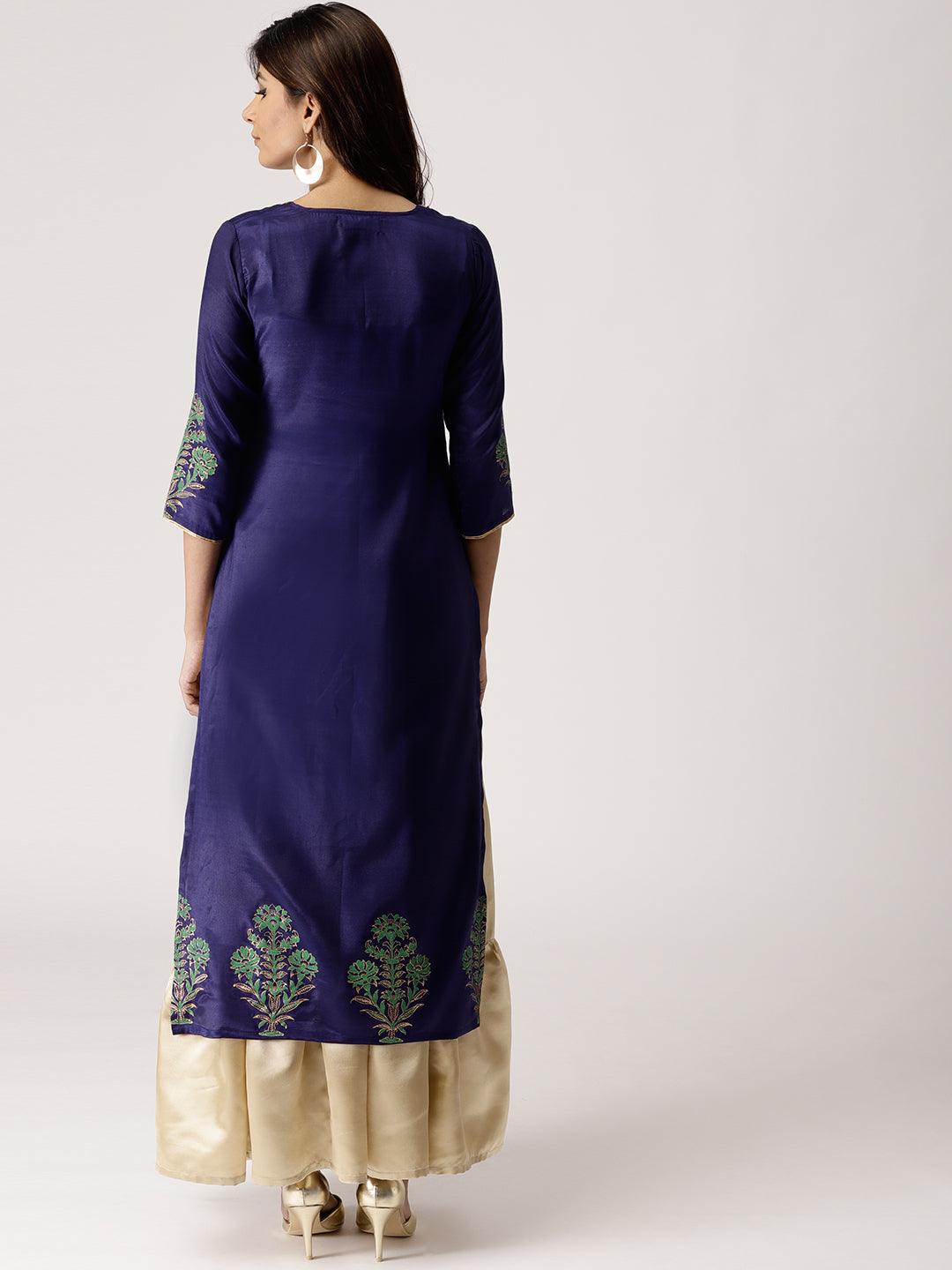 Blue Solid Polyester Straight Kurta With Skirt