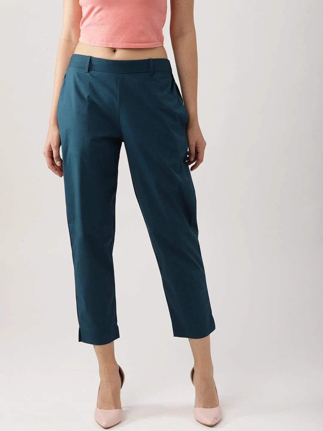 Blue Solid Polyester Trousers - Libas