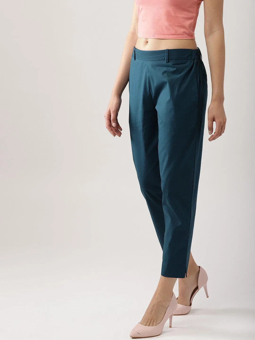 Blue Solid Polyester Trousers - Libas